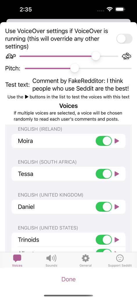 Screenshots of the Voices screen, showing the usual speed and pitch controls, and a list of different voices, each with a toggle switch and a 'play' button to test it