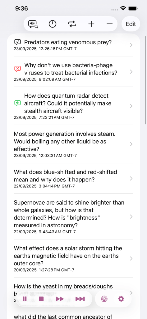 Screenshot of the list of posts loaded in Seddit on iOS, with icons showing which ones have been read, skipped, or are being read.
